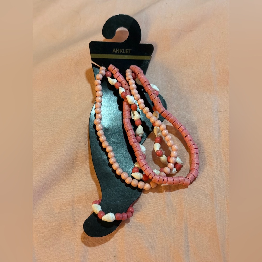 Pink and Cream Beaded Anklet With Toe Ring